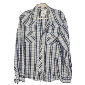 BKE Pearl Snap Shirt Western Shirt Plaid Shirt Slim Fit Shirt Men Ivory Blue XL